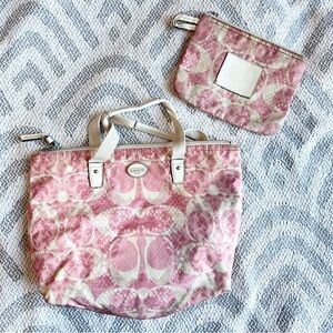 COACH Pink White Snake Print Handbag and Coin Purse Set